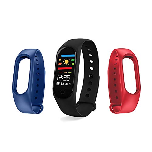 Imagen de Redlemon Fitband Sport Bluetooth con Monitor de Ritmo Cardiaco, Oxigenación en Sangre, Presión Arterial, Podómetro, Notificaciones de Mensajería, Redes Sociales y Llamadas, Monitor de Sueño, Contador de Calorías, Distancia Recorrida, Compatible con iOS y Android. Negro, Azul y Rojo