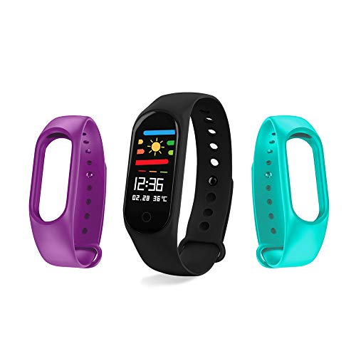 Imagen de Redlemon Fitband Sport Bluetooth con Monitor de Ritmo Cardiaco, Oxigenación en Sangre, Presión Arterial, Podómetro, Notificaciones de Mensajería, Redes Sociales y Llamadas, Monitor de Sueño, Contador de Calorías, Distancia Recorrida, Compatible con iOS y Android. Negro, Morado y Aqua